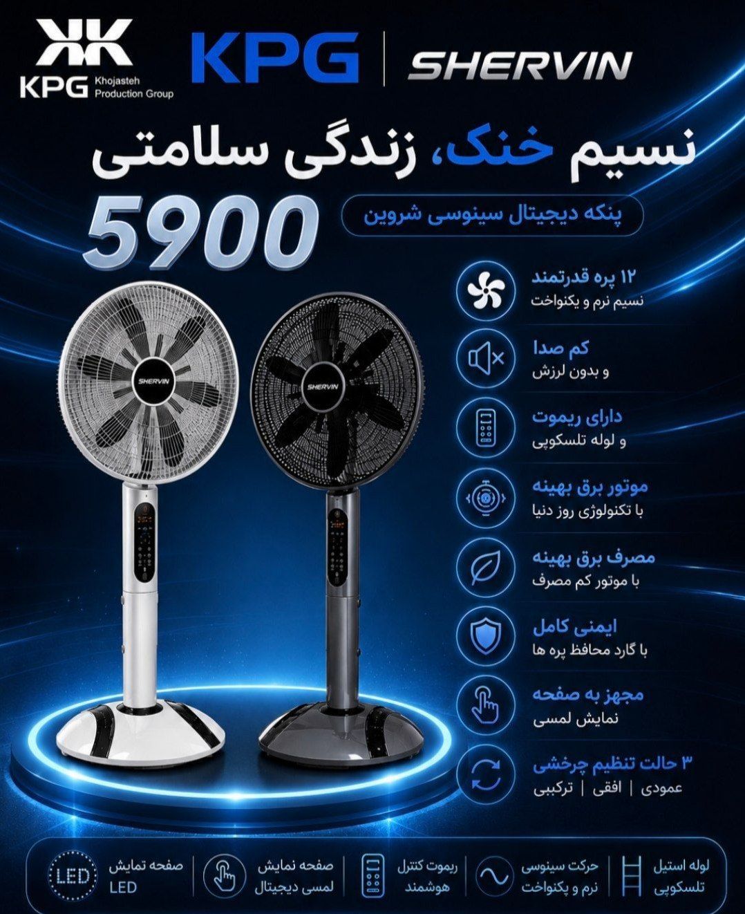 پنکه دیجیتال سینوسی شروین (Shervin) – مدل 5900